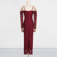 2025 New Lace Patchwork Sexy Streetwear Long Dress V-neck Tight Slit Party Dress Spring Summer Off Shoulder Fashion Vestidos