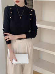 Gold Button Mockneck Sweater Women Pullovers Long Sleeve Turtleneck Soft Rib Knit Fit Jumper Warm Tops Fall Winter Basic Outfit