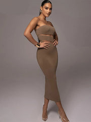 Women Fashion Strapless Bodycon Party Club Streetwear Black Midi Dress Summer Clothes Wholesale Items For Business