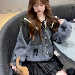 Y2k Aesthetic Punk Spliced Elegant Pearl Appliques Cardigan Preppy Style Casual Lazy Pullovers Harajuku Tiered Girl Skirts