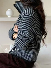 Harajuku Y2K Striped Cardigan Women Vintage Loose Casual Knitted Sweater Fall Winter Japan Retro Long Sleeve Female Soft Tops
