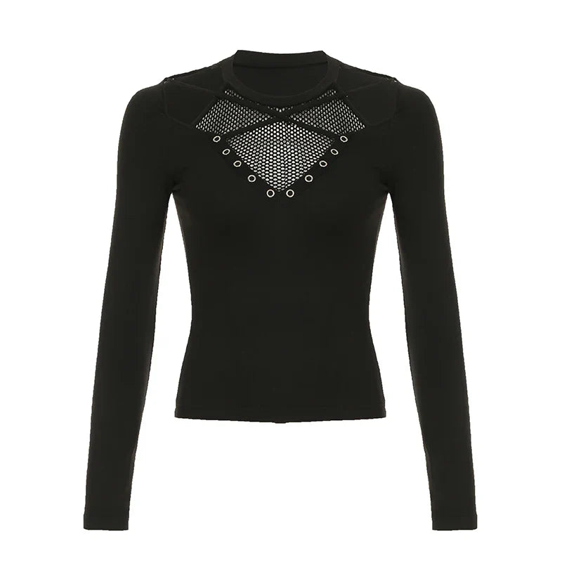 Darkly Punk Cothic Women Long Sleeve T-Shirt Patchwork Chic Fabric Cut Out O-Neck Top Tees Slim Sexy Solid Tops