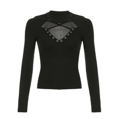Darkly Punk Cothic Women Long Sleeve T-Shirt Patchwork Chic Fabric Cut Out O-Neck Top Tees Slim Sexy Solid Tops