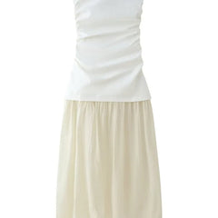 Fashion White Beige Patchwork Strapless Long Dress New Slim Pleat Women Summer Dress Vacation Beach Chic Woman Clothing