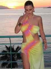 Sexy Hollow Out Backless Gradual Print Dress Women Fashion One Shoulder Sleeveless Dresses Female Vocation Beach Vestidos