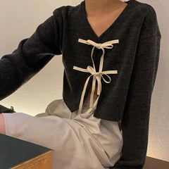 Pbong  Butterfly Knot Short Knitted Sweater Jacket New Design Loose Fit V-Neck Long Sleeve Urban Style Commute Suitable for W...