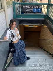 HOUZHOU Y2K Vintage Plaid Long Skirt Women Japanese Kawaii High Waist Patchwork Tierred Ruffle Skirt Korean Streetwear Autumn