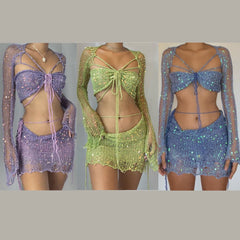 Crochet Knitted Dress Two Piece Skirt Sets Summer Women Clothes Sexy Crop Tops Elegant Knit Sequin Dress 2 Piece Set Outfit