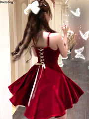 French Elegant Red Party Velvet Mini Dress Women Fashion Patchwork Princess Vestidos Female Spring Autumn Graduation Clothes