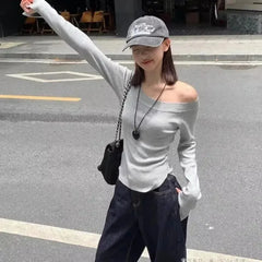 Sexy Pullovers Women Off Shoulder Cropped Knitted Basic Clothes Autumn All-match Side Slit Simple Tender Slim Gentle Seductive