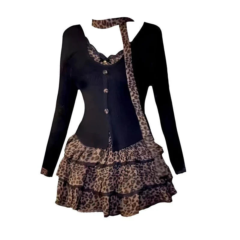 Harajuku long sleeve Sweet Leopard Slim Kawaii 2 Piece Sets Y2k Leopard Patchwork Top + Puff Cake mini Skirt 2000s Vintage Suits