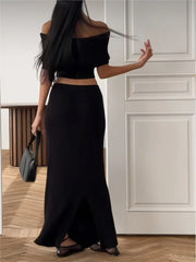 Slash Neck Crop Top And Long Skirt New Matching Sets Cotton Blend Vacation Beach Spring Summer Outfits Knit Elegant Women Sets