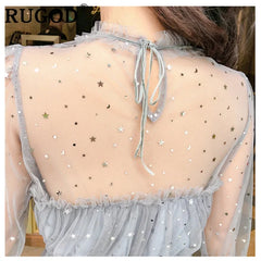 New Arrivals Summer Women Lace Dress Sequined Appliques A-line Mesh Patchwork Solid Dress Fairy Long Sleeves Knee-length Dress