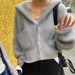 Women's Hooded Cardigan Button Up with Pocket Knitted Sweater Hoodie Slouchy Knitwear Fall Winter Casual Chic Outfit