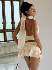 Sexy Ruffle Skirt Two Piece Set Women Fashion Halter Crop Tops And Mini Skirt Matching Sets Club Party Two Piece Sets