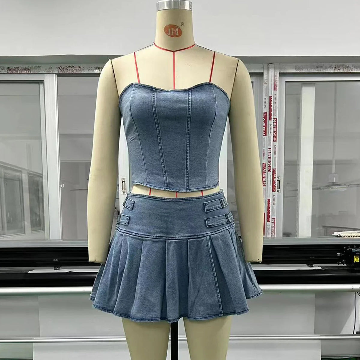 Sexy Denim Skirt Sets Women Strapless Crop Tops And Mini Skirt Ladies Fashion Club Party Pleated Skirt Two Piece Set