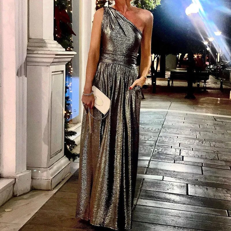 New Summer Holiday Solid Pocket Women Party Dress Loungewear Sleeveless Skew Collar Elegant Ladies Maxi Dress Streetwear Vestido