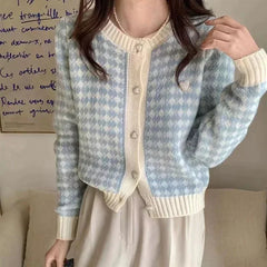 Women's Knit Cardigan with Heart-shape Button Front Plaid Sweater Jacket Soft Knitwear Teen-girl Autumn Winter Fairycore Outfit