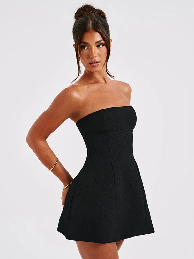 Summer Fashion White Mini Dress Female High Waist Patchwork Bandeau Backless Slim Party Dress Gown Women Elegant Dress New