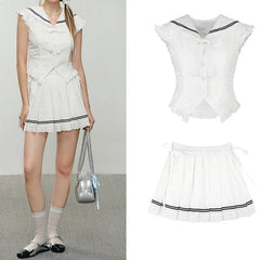 2025 New Peter Pan Collar Tank Top And Pleat Short Skirt 2 Piece Set Vest + Short Skirt White Sweet College Style Summer Outfits
