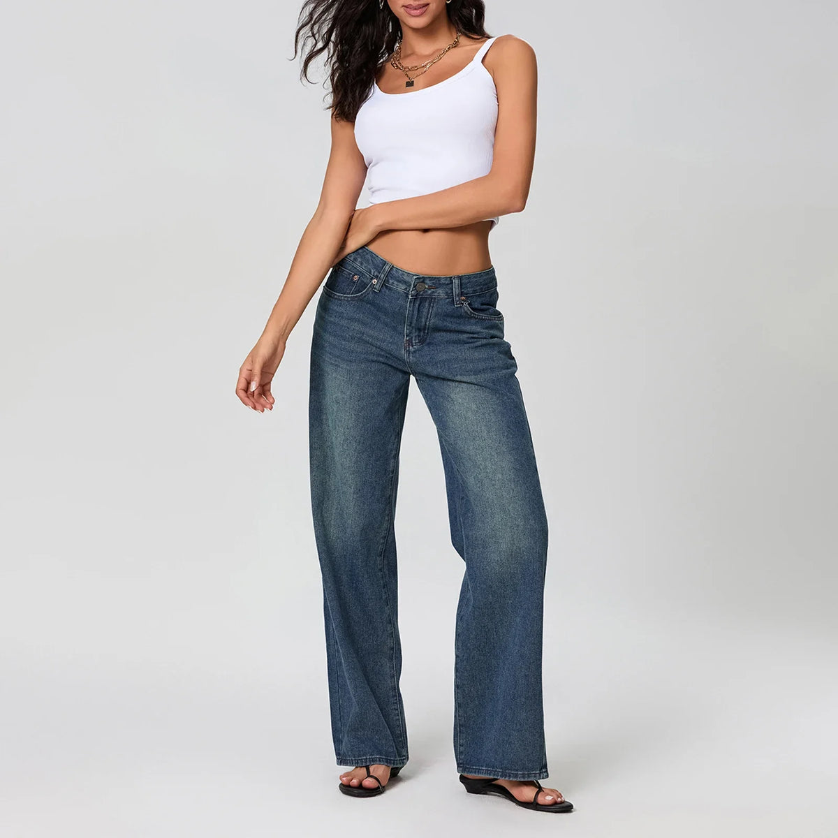Women's Denim Pants Low Waist Wide Leg Trousers with Pockets Spring Summer Casual Loose Jeans