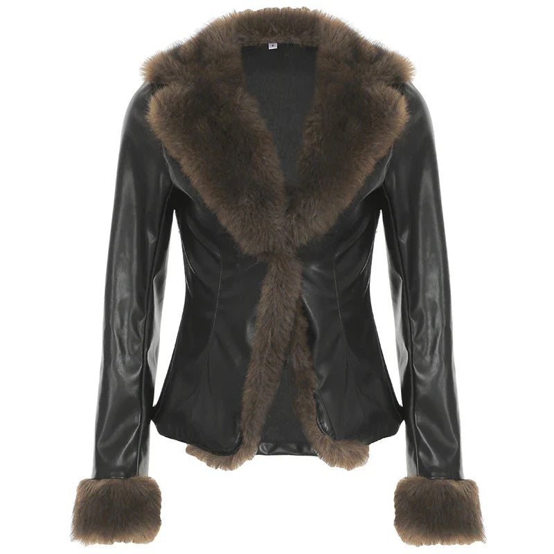 Autumn New Clothes Women's Leather Coat Long Sleeve Spliced Faux Trim Button Slim Fit Chic Coat