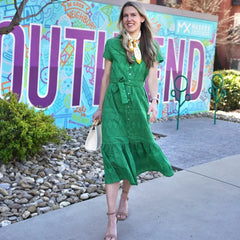 Fashion Hollow Out Embroidery Belt Long Dress Turn Down Collar Solid Color Green Elegant Women Dress 2025 New Chic Vestidos