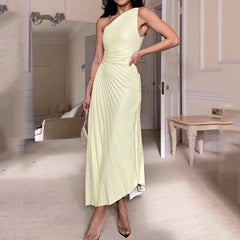 Women Maxi Dress Fashion One Shoulder Solid Cutout Nipped Waist Slim Pleated Sleeveless Irregular Evening Party Dresses