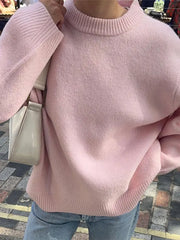 Sweet Pink Knit Sweater For Women Oversized Solid Crew Neck Long Sleeve Pullover Sweaters Female Fashion High Street Jumpers
