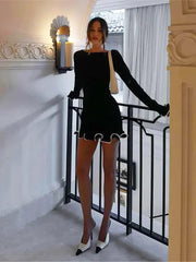 Women's Elegant Knitted Wavy Edge Long Sleeved Dress Casual O-neck Solid Color Slim Fit Dresses Street Party Chic Vestidos