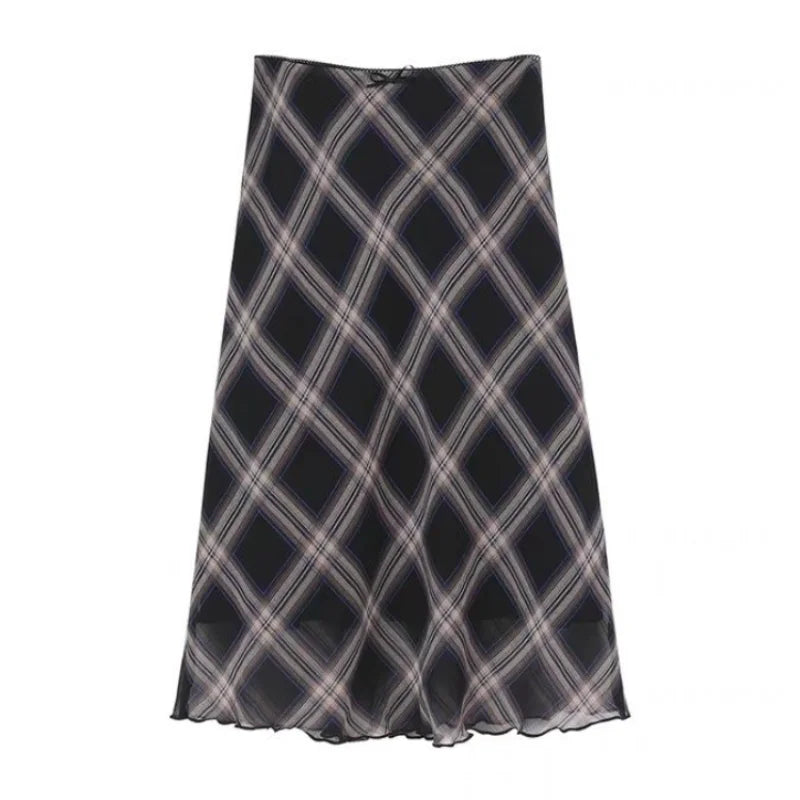HOUZHOU Y2k Vintage Plaid Skirt Women Summer 2024 Korean Style Casual Mesh Print High Waist Slim Midi Skirt Girl 90s Streetwear