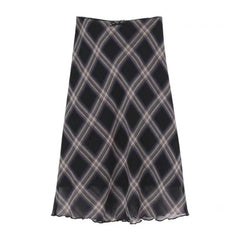 HOUZHOU Y2k Vintage Plaid Skirt Women Summer 2024 Korean Style Casual Mesh Print High Waist Slim Midi Skirt Girl 90s Streetwear