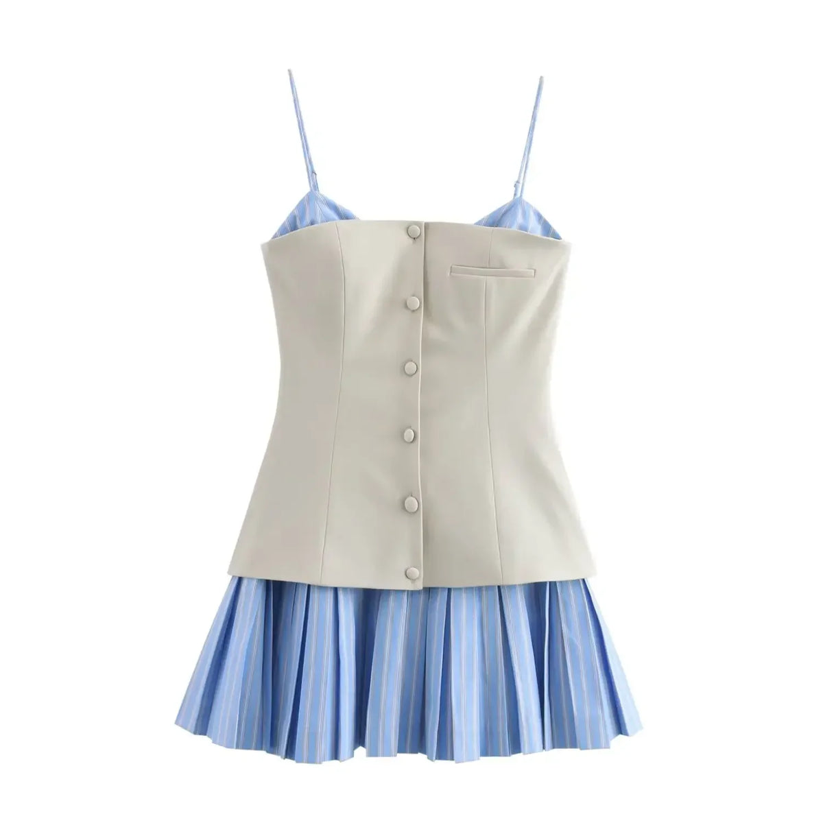 Fashion Women Single Breasted Sleeveless Vest Mini Dress Elegant Pleated Hem Contrast Color Vestdios Chic High Street Robes