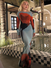 Women Mesh Side Split Longsleeve Dress Chic See Through Print Floral See Through Maxi Dress Ladies Beach Holiday Robe