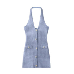 Halter Neck Single Breasted Knit Women Dress Sleeveless Tight Blue Summer Short Dress New Sexy French Woman Clothing