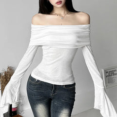 Fashion sexy slash-neck neck backless long sleeve T-shirt for women spring autumn solid color slim stacked trumpet sleeve tops