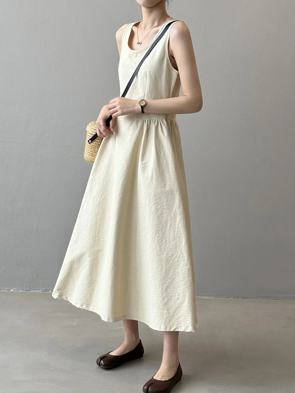 Fashion Sleeveless Long Dress Cotton Blend Solid Color Casual Summer New Dress A-line Backless Vacation Beach Dresses For Women