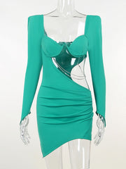 Autumn Diamond Chain Hollow Out Full Sleeve Mini Dress For Women Fashion Green Backless Ruched Dress Vestido Clothes
