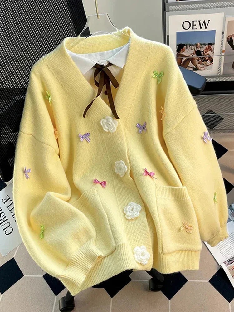 3D Floral Sweet Bow Cardigan Sweaters Women Preppy Style Loose V Neck Korean Knitted Jacket Casual Fashion Long Sleeve Fall Tops