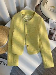 Yellow Sweet Tweed Jacket Women Elegant Retro Slim Long Sleeve Short Coat Korean O Neck Casual Fall Female Vintage Outwear