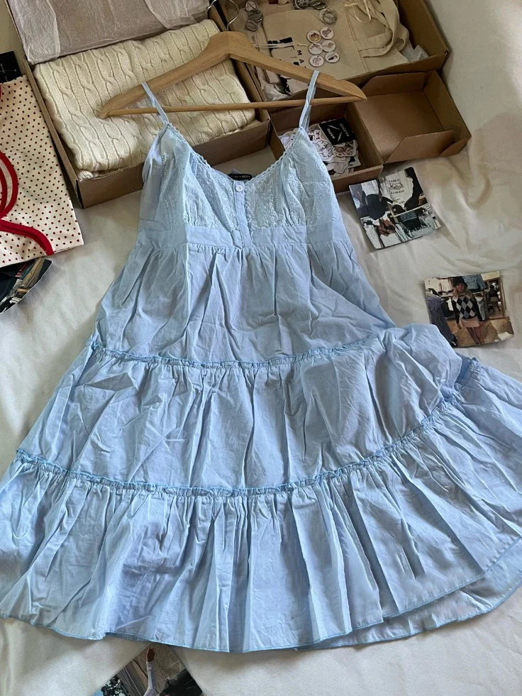 Floral Embroidery Pink Mini Dress Woman Summer Buttons Ruffles Lace-up Sweet Short Dresses Casual Preppy Style Cotton Vestidos