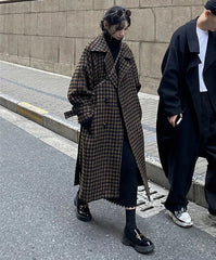 Lautaro Autumn Winter Long Loose Casual Soft Plaid Woolen Coat Women Double Breasted Stylish Chic Luxury Designer Clothes