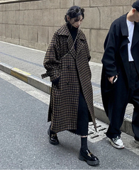 Autumn Winter Long Loose Casual Soft Plaid Woolen Coat Women Double Breasted Stylish Chic Luxury Designer Clothes