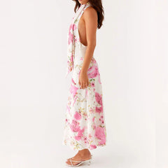 Floral Print V Neck Halter Maxi Dress with Scarf Sexy Women Bodycon Long Dresses Lady Formal Cocktail Party Backless Sundress