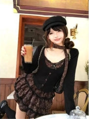 Harajuku long sleeve Sweet Leopard Slim Kawaii 2 Piece Sets Y2k Leopard Patchwork Top + Puff Cake mini Skirt 2000s Vintage Suits
