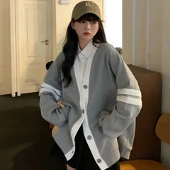 Varsity Cardigan Sweater for Women Long Sleeve V-Neck Button-up Knit Slouchy Cardi Korean School-girl Preppy Fall Winter Outfit