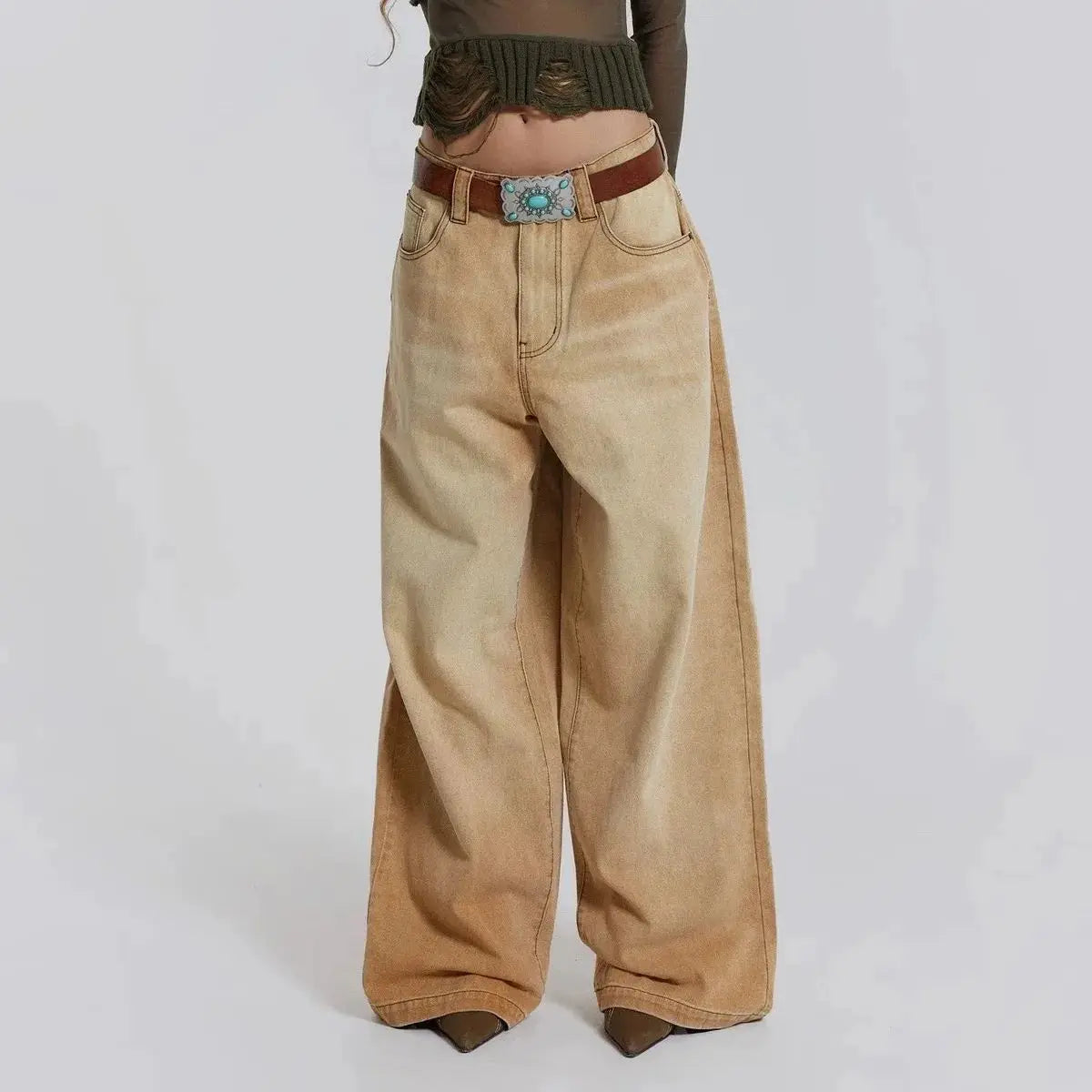 jaded london khaki wash to make old jeans mid-waist silhouette straight leg trousers