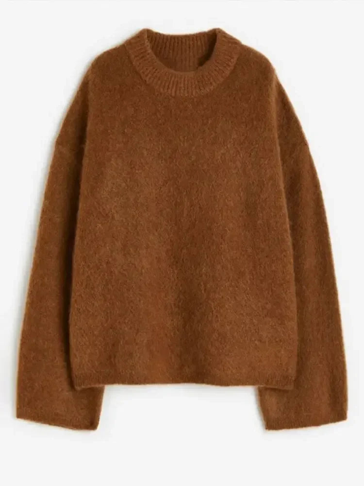 Autumn Blue Solid Mohair Loose Knit Sweater Women Elegant O-neck Long Sleeve Knitting Pullover Lady Casual Street Knitwear