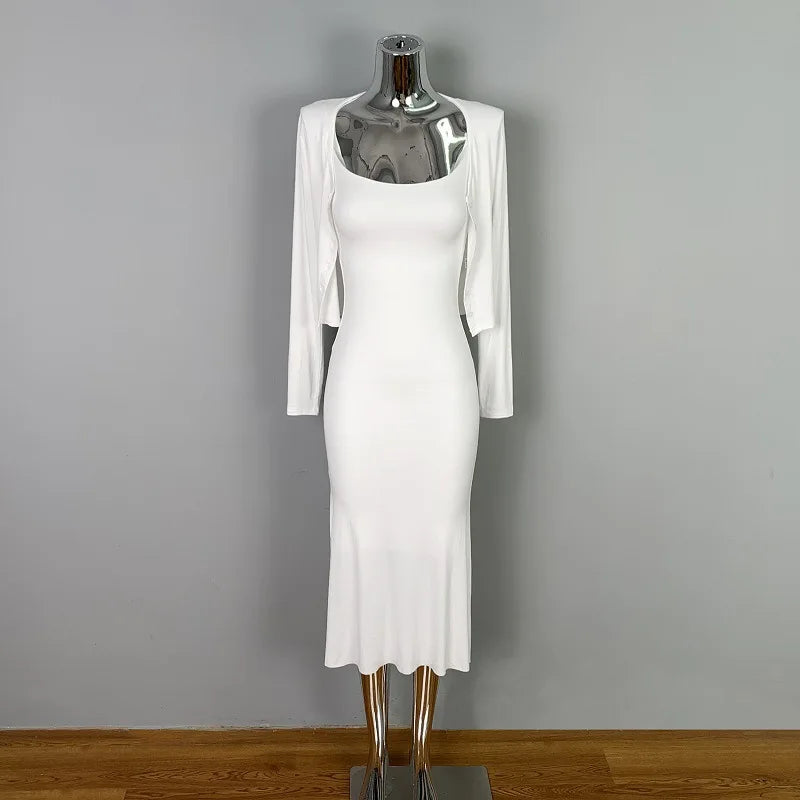 Tight Slip Dress And Cardigan Two Piece Set Cotton Blend O-neck Slim Long Dress + Jacket Women Suit Spring Summer Dress Of Suit