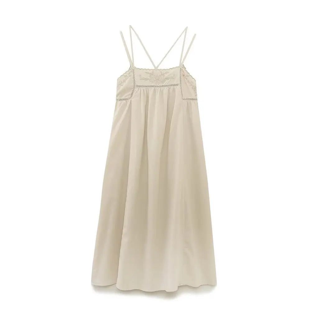 Fashion Embroider Linen Blended Casual Beach Dress Loose Backless Vacation Dress New Square Collar Fashion Vestidos